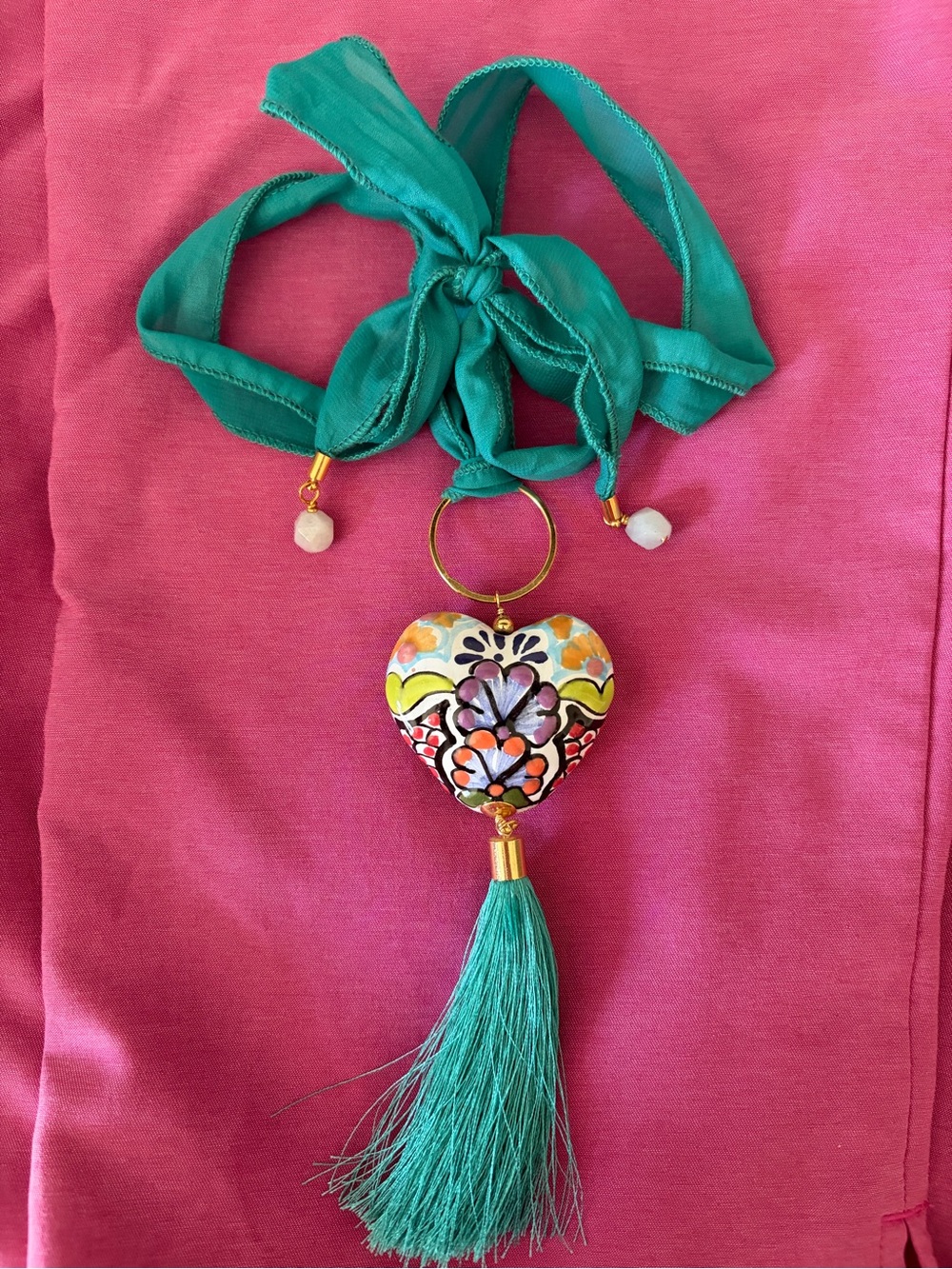 Hand-Painted Heart Pendant Tassel Necklace with Teal Ribbon